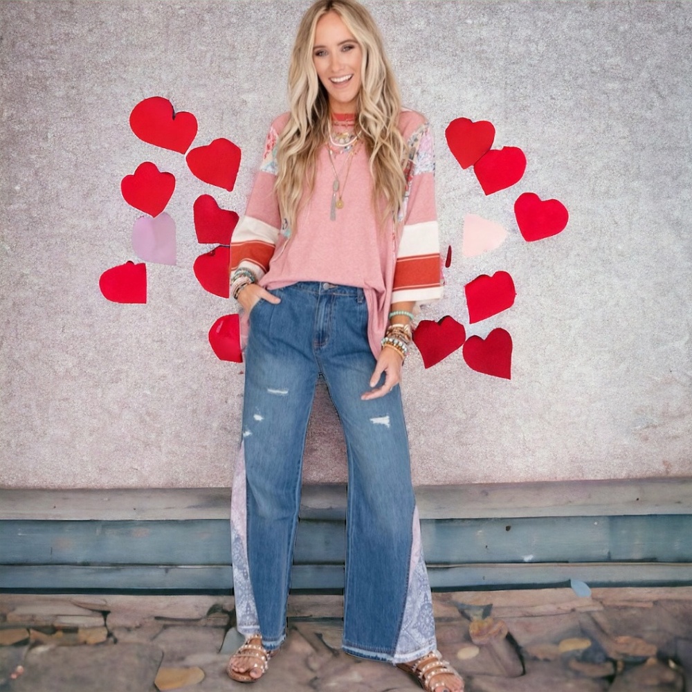 💖Red Striped and Floral Patchwork Oversize Top💖